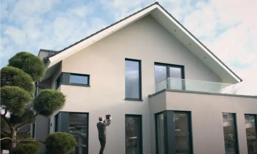 Mann fotografiert sein Haus für eine Immobilienbewertung