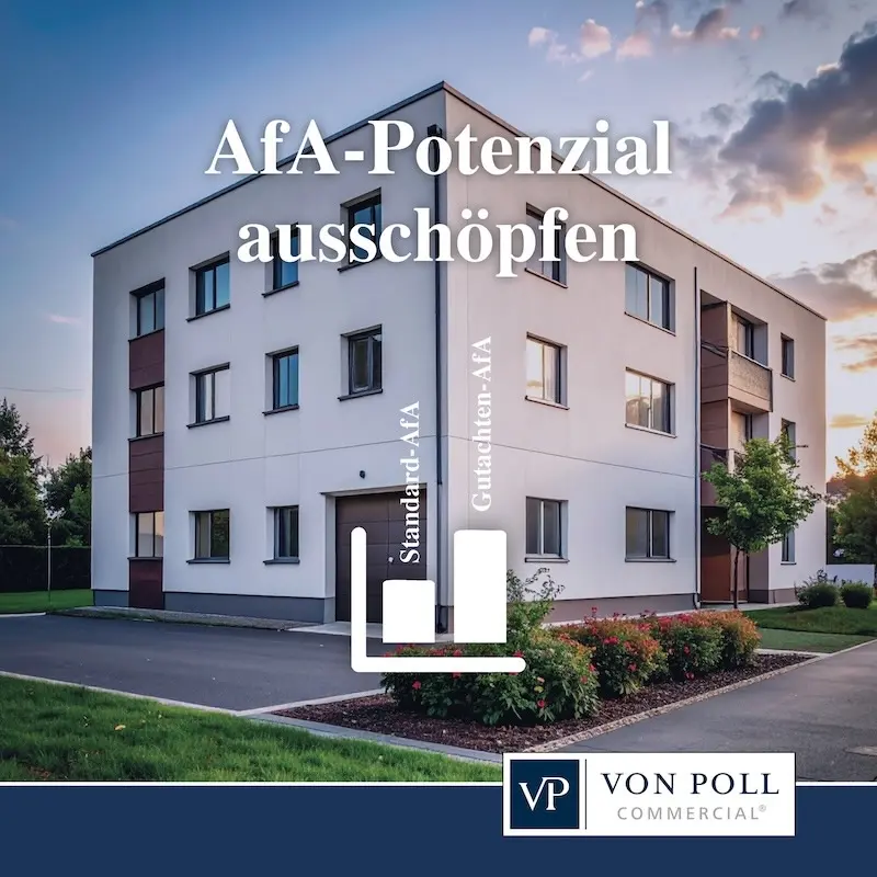 Mehrfamilienhaus mit Infografik zum AfA-Potenzial – Vergleich von Standard-AfA und Gutachten-AfA bei der Abschreibung für Abnutzung von Immobilien