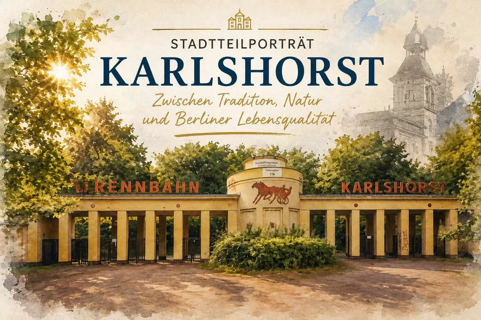 Historischer Eingangsbereich der Trabrennbahn Karlshorst im Stadtteil Karlshorst in Berlin-Lichtenberg – beliebte Wohnlage zwischen Wuhlheide, FEZ und Berliner Innenstadt.