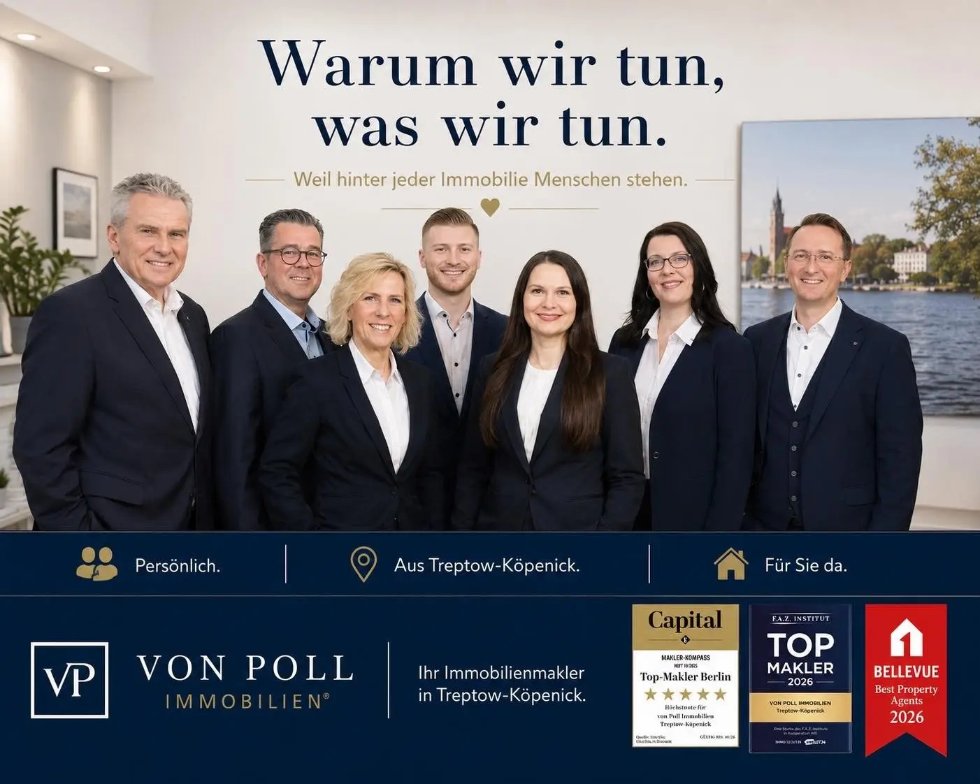 Das Team von VON POLL IMMOBILIEN Treptow-Köpenick – weil hinter jeder Immobilie Menschen stehen. Persönliche Beratung und erfolgreiche Immobilienvermittlung von Alt-Treptow bis Schmöckwitz und von Friedrichsfelde bis zum BER.