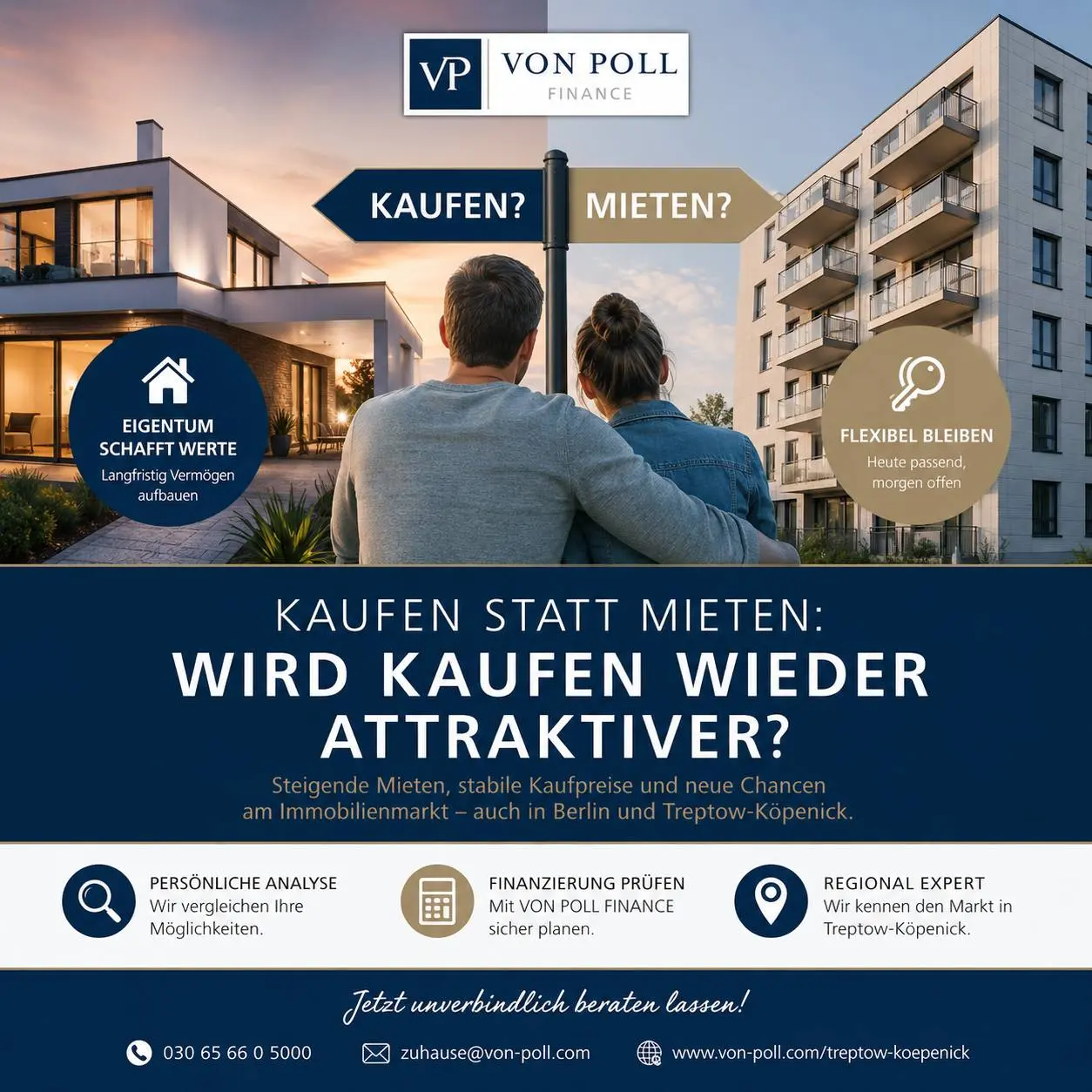 ein Paar blickt auf ein Einfamilienhaus und ein modernes Mehrfamilienhaus mit Wegweiser „Kaufen? / Mieten?"; Thema: Wird der Immobilienkauf in Berlin und Treptow-Köpenick wieder attraktiver?