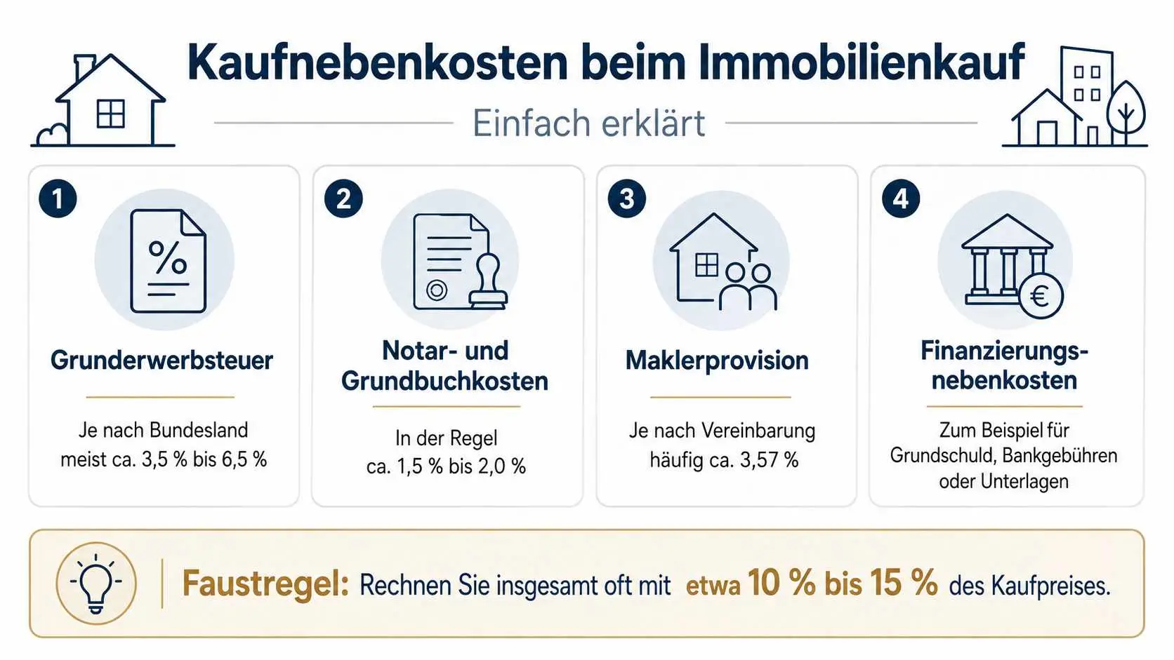 Infografik Kaufnebenkosten beim Immobilienkauf: Grunderwerbsteuer, Notar, Maklerprovision – insgesamt ca. 10–15 %