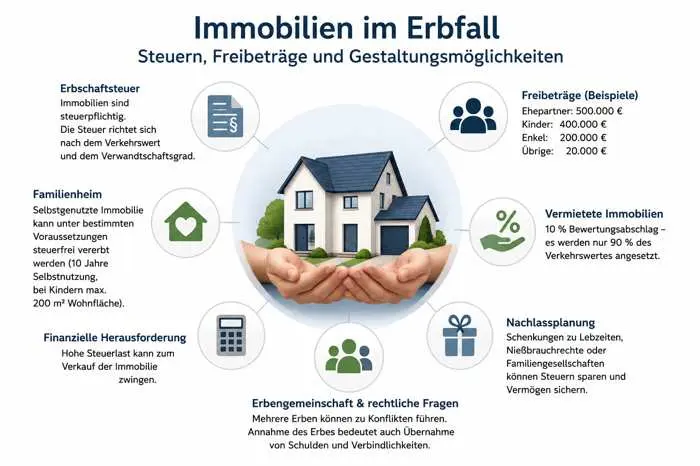 Infografik: Immobilien im Erbfall – Übersicht zu Erbschaftsteuer, Freibeträgen
