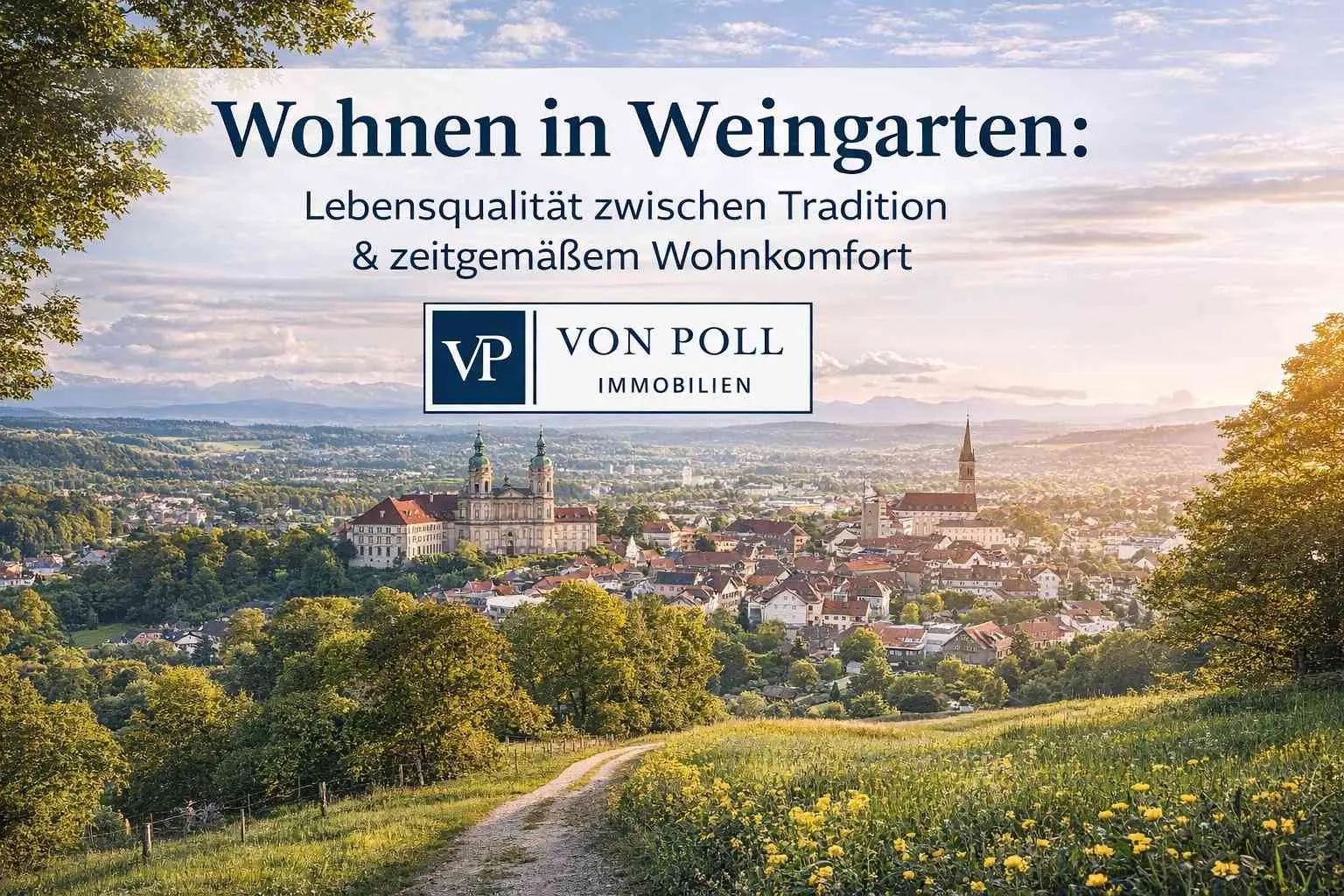 Panorama über Weingarten mit Basilika und Altstadt im Abendlicht, Wiesenweg im Vordergrund.