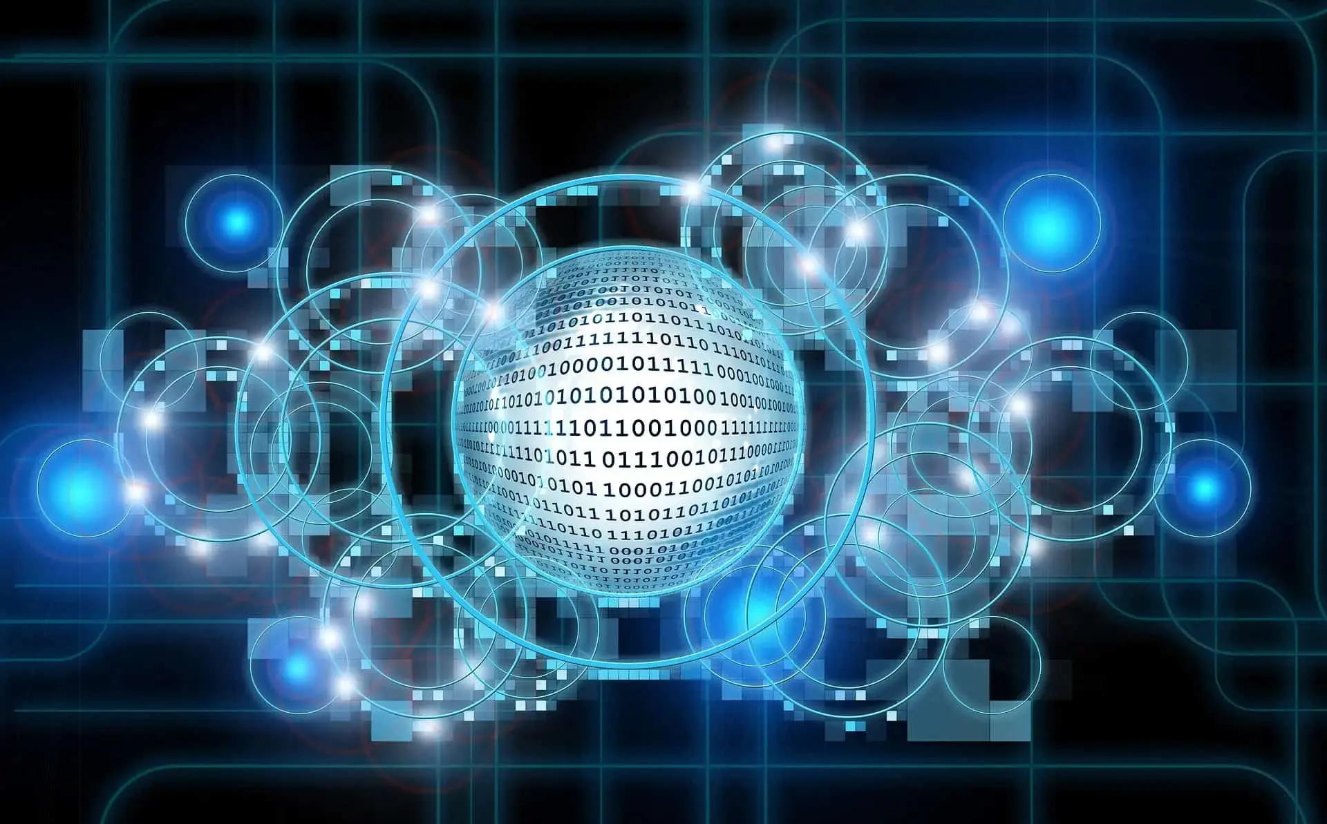 Digitale Vernetzung im Smart Building – abstrakte Illustration einer leuchtenden Datensphäre mit Binärcode, umgeben von vernetzten Kreisen und IoT-Verbindungspunkten auf blauem Technologie-Hintergrund