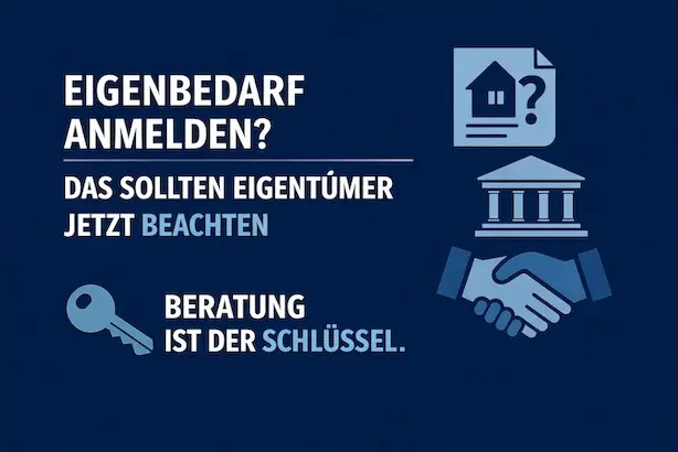 Grafik zum Thema Eigenbedarfskündigung: Dunkelblauer Hintergrund mit prägnanter Typografie und Symbolen für Immobilie, Recht und Beratung.