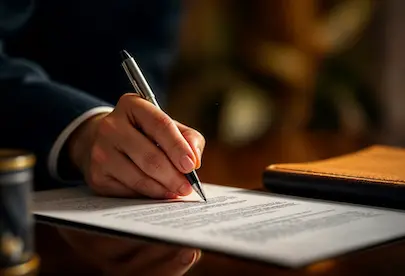 Männerhand setzt eine Unterschrift unter ein Dokument