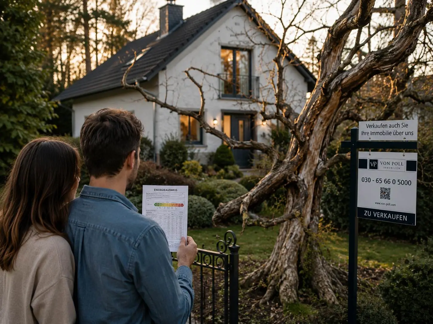 Junges Paar prüft den Energieausweis einer Immobilie vor dem Hauskauf. Energieeffizienz und Folgekosten gewinnen bei Kaufentscheidungen zunehmend an Bedeutung.