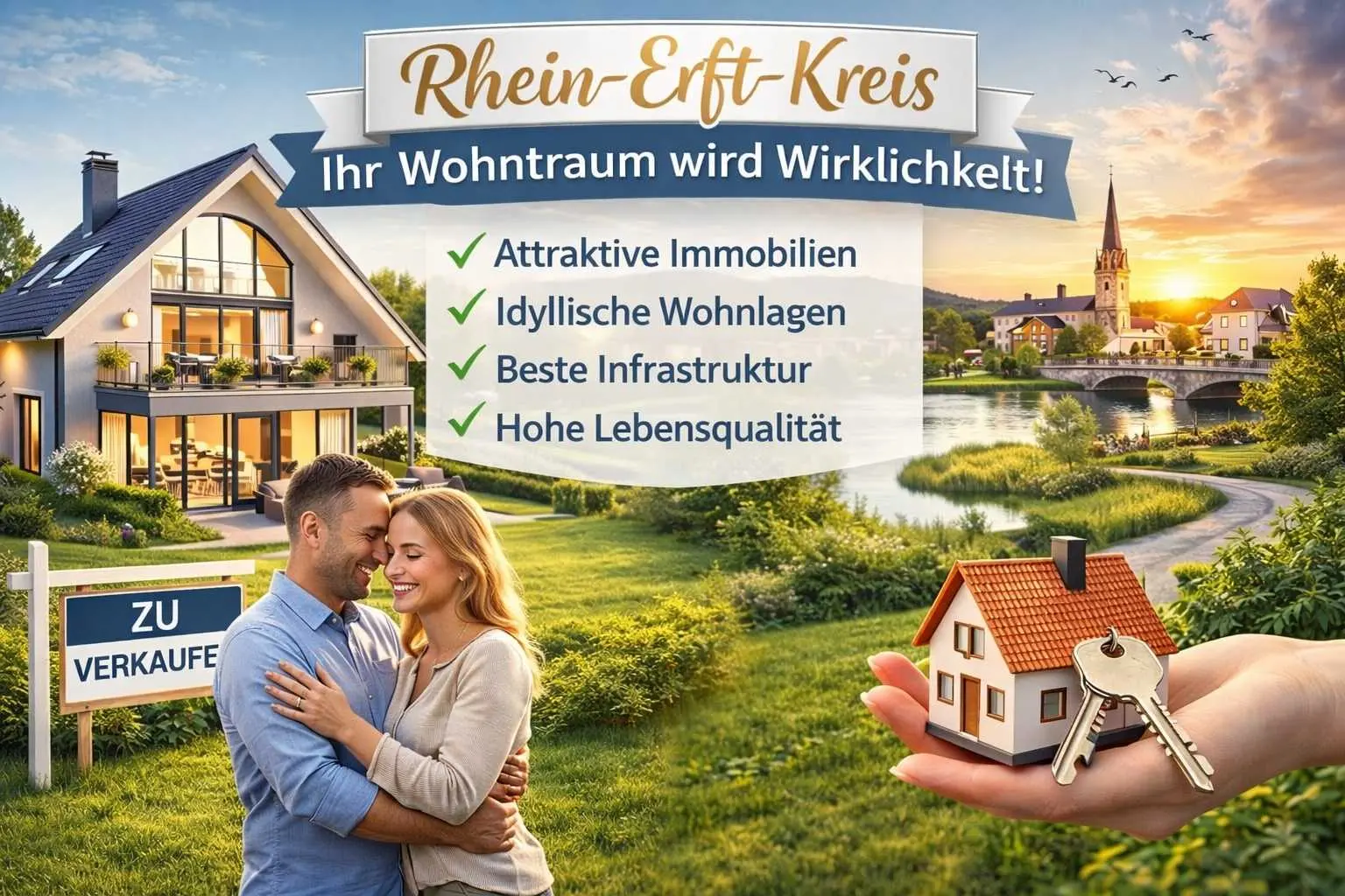 glückliches Paar vor modernem Einfamilienhaus mit Flusslandschaft und Kirchturm im Hintergrund