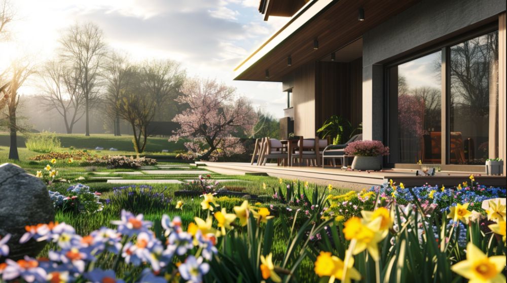 frühlingshafte Blumen in einem Garten mit Haus im Hintergrund