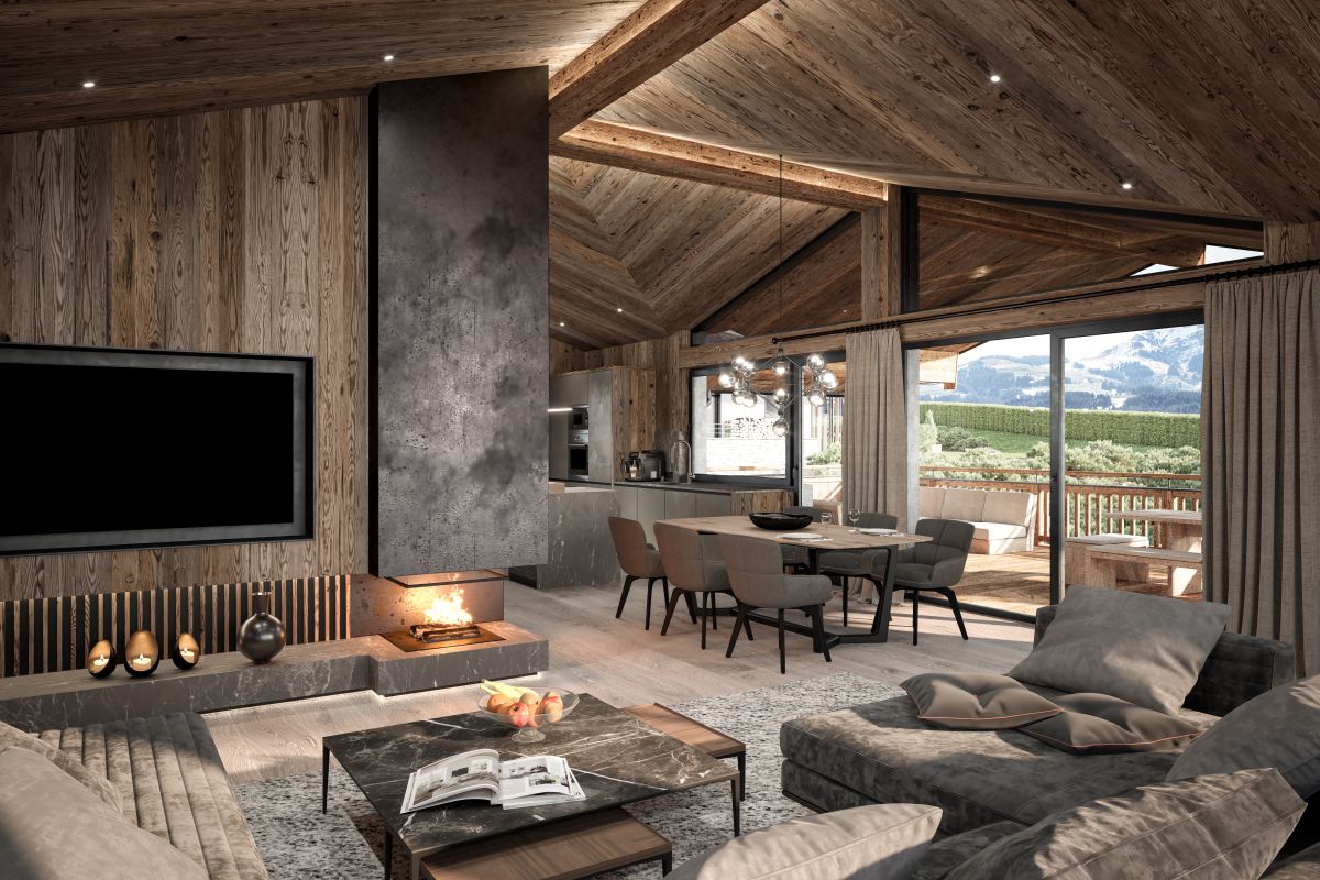 Wohnbereich in einem rustikalen Chalet