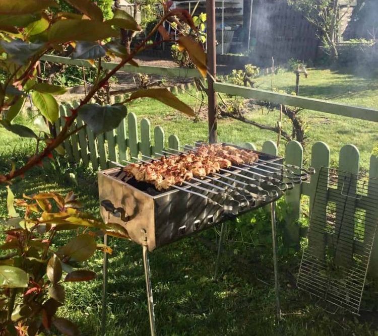 Grill mit Grillgut in grünem Garten