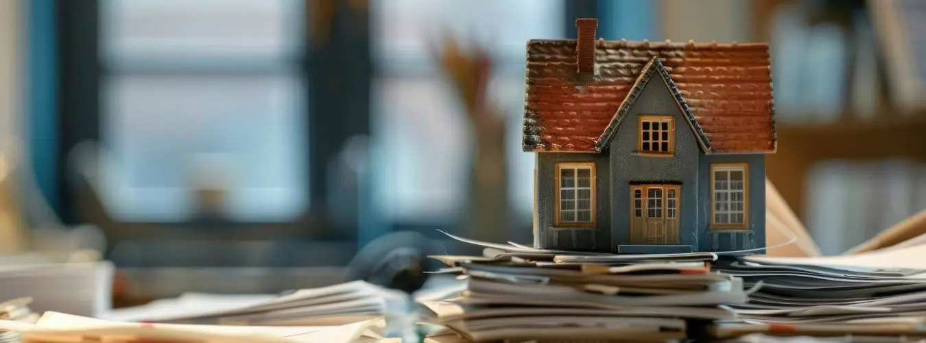 Modellhaus auf einem Papierstapel aus Dokumenten