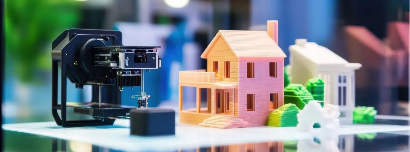 3D-Drucker demonstriert seine Fähigkeiten mit farbenfrohen Miniaturhäusern und Bäumen. Lebendige Modelle unterstreichen technologische Präzision und Kreativität im Design