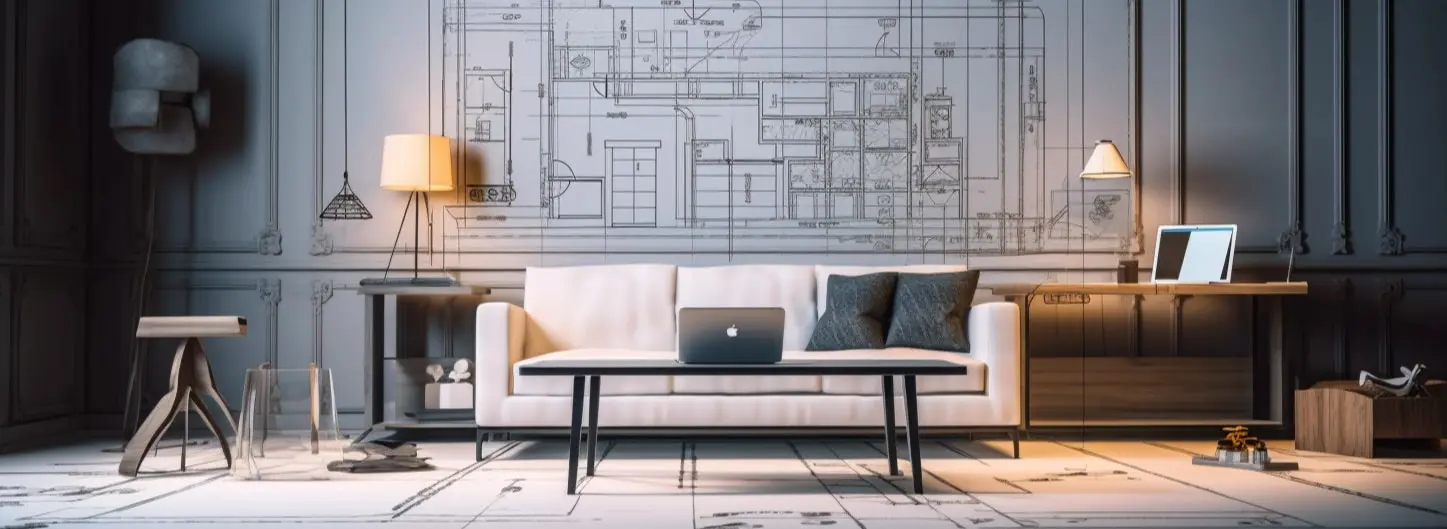 Wohnzimmer mit Möbeln und Flächenskizze an der Wand